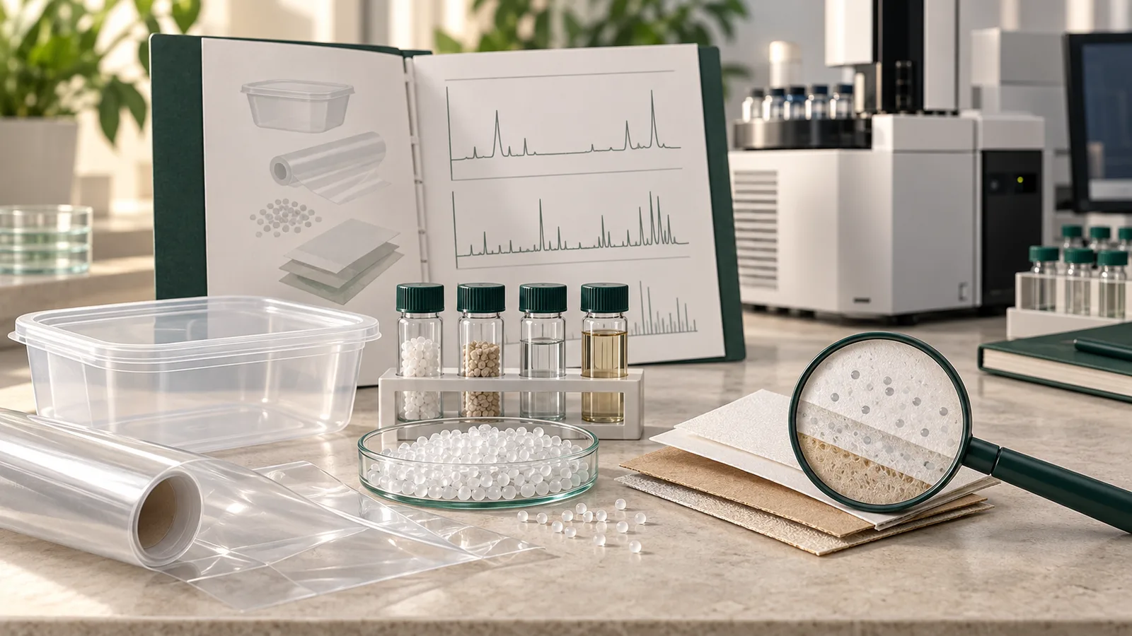 Konzeptdarstellung von Verpackungsmaterialmustern, Probengefäßen und Analysegeräten