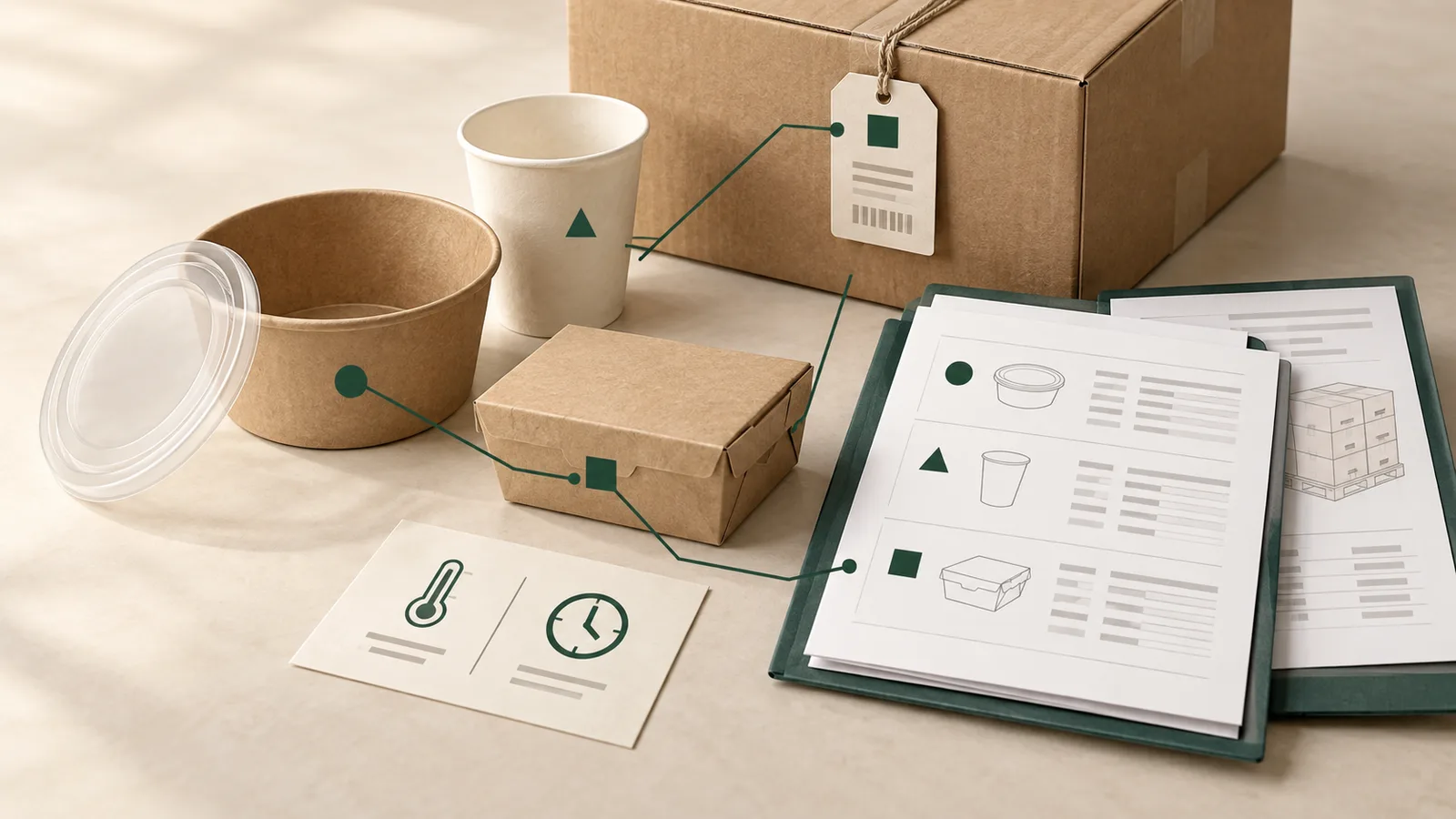 Conceptual illustration of food packaging samples, batch identifiers and corresponding documents