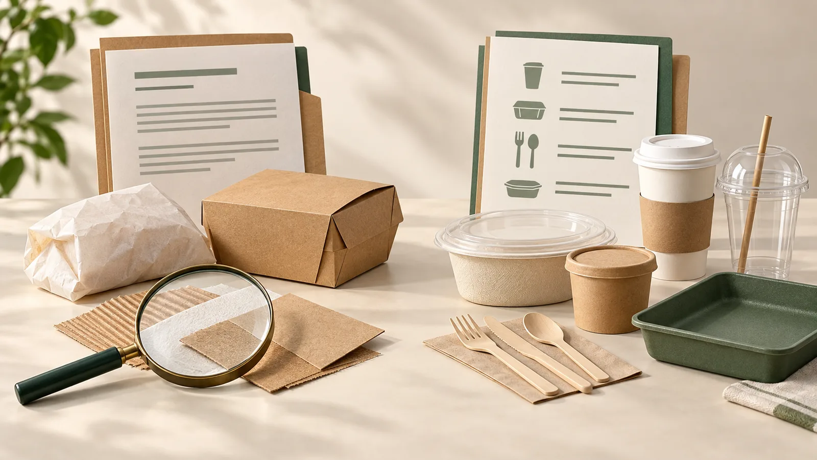 Conceptual illustration of packaging material samples and two separate sets of review documents