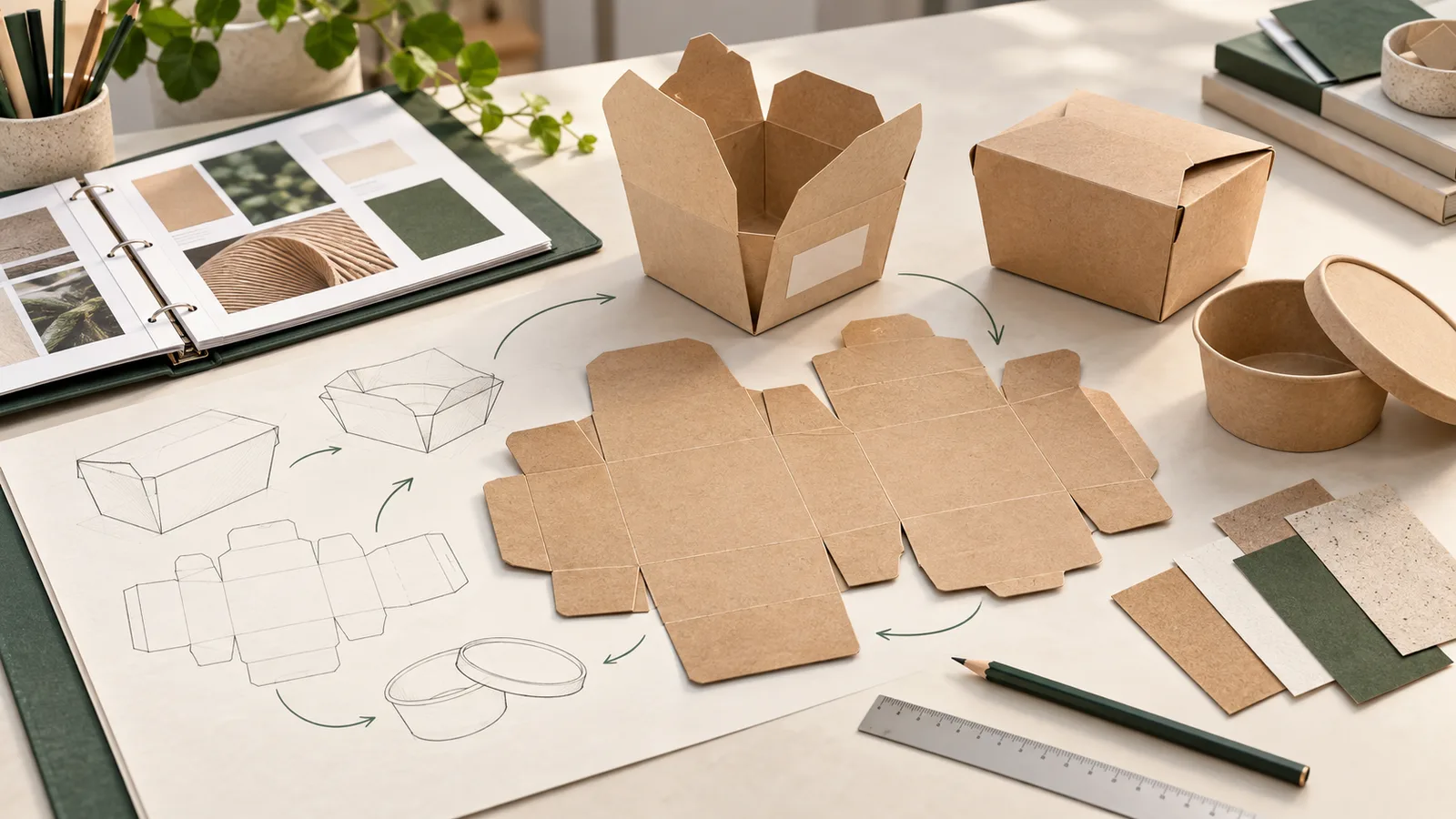 Conceptual illustration of a flat packaging blank, folded prototype and design review documents