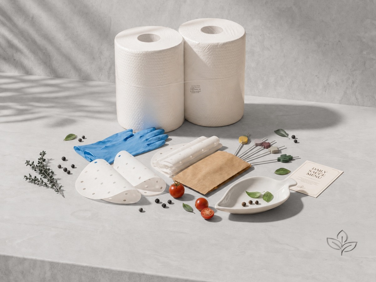 Saugpapierrollen, Einweghandschuhe, gelochte Einlagen und Lebensmittel-Papiertüten