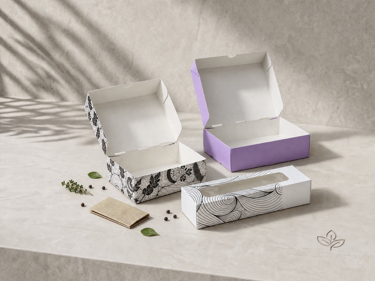 Weiße und violette Klappboxen sowie eine lange Sichtfensterbox mit aufgedruckten Mustern
