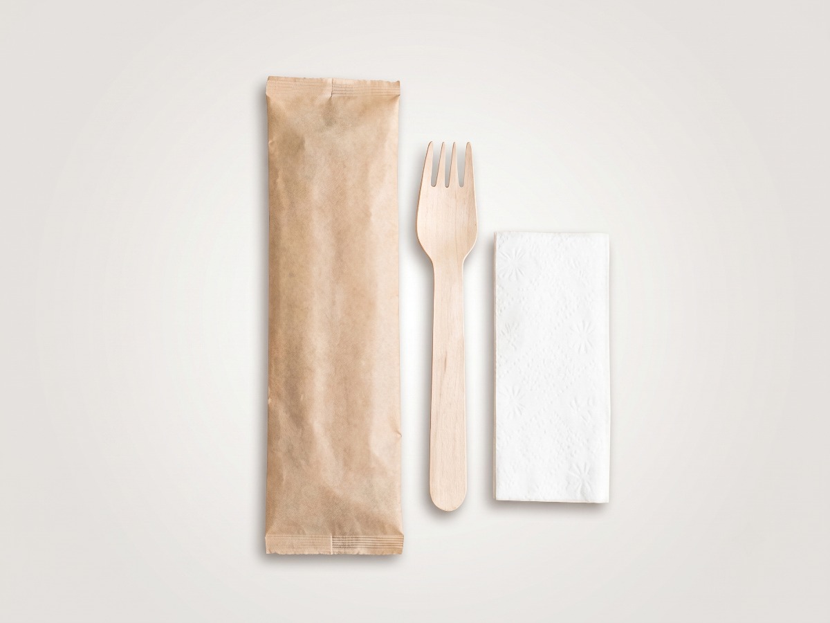 Wooden cutlery sets in kraft paper sleeves Fork + napkin COD 8625