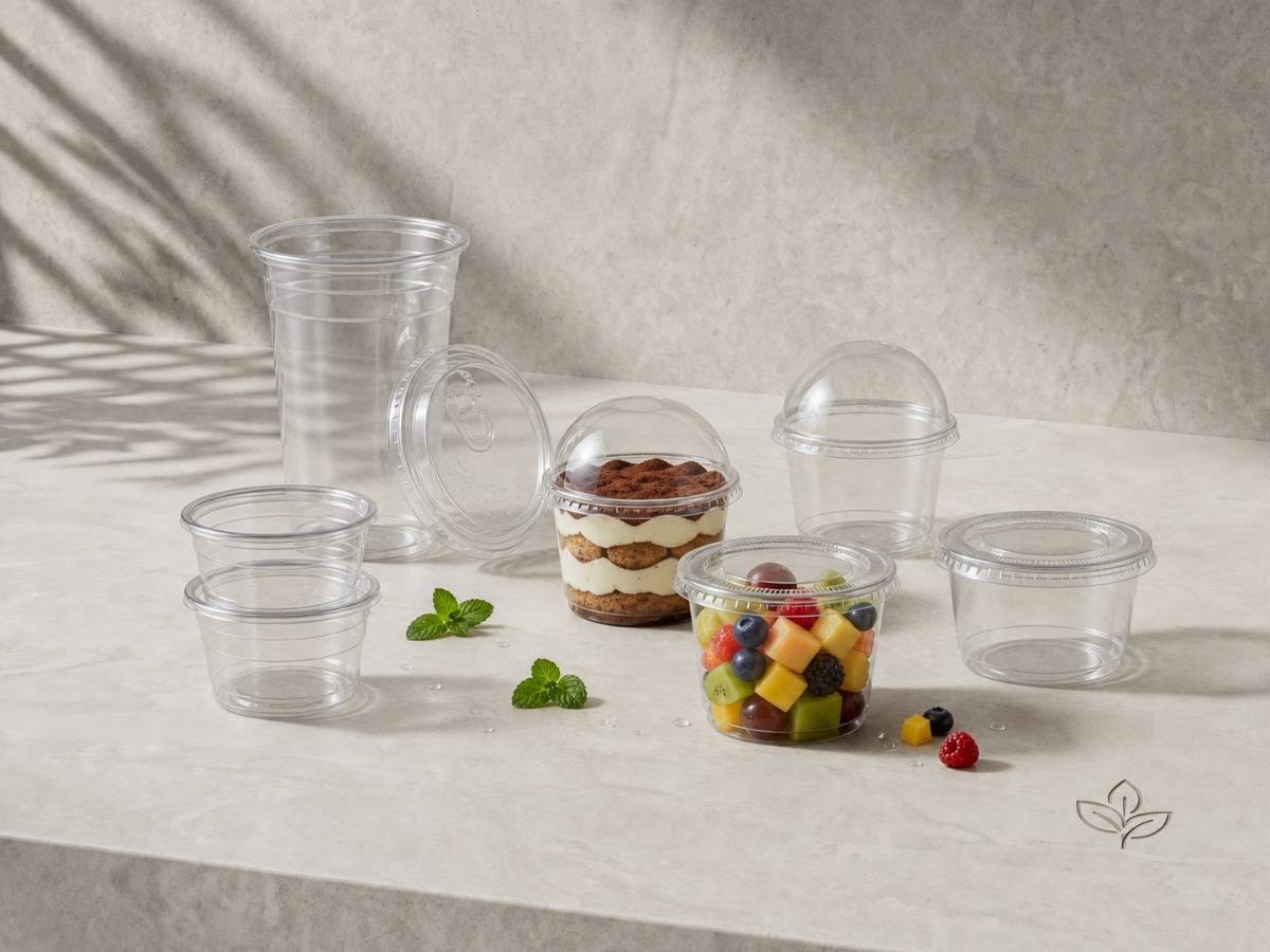 Transparente PET-Becher und -Schalen für Getränke, Desserts und Obst mit Flach- und Domdeckeln