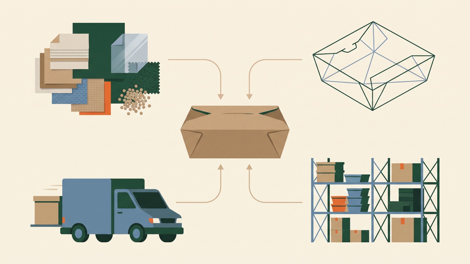 Take-away-Verpackungen im Zusammenhang mit Material, Gestaltung, Transport und Lagerverwaltung