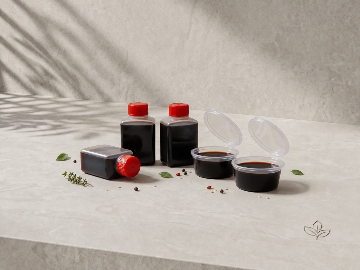 Coppette trasparenti con coperchio e flaconi quadrati con tappo rosso pieni di salsa