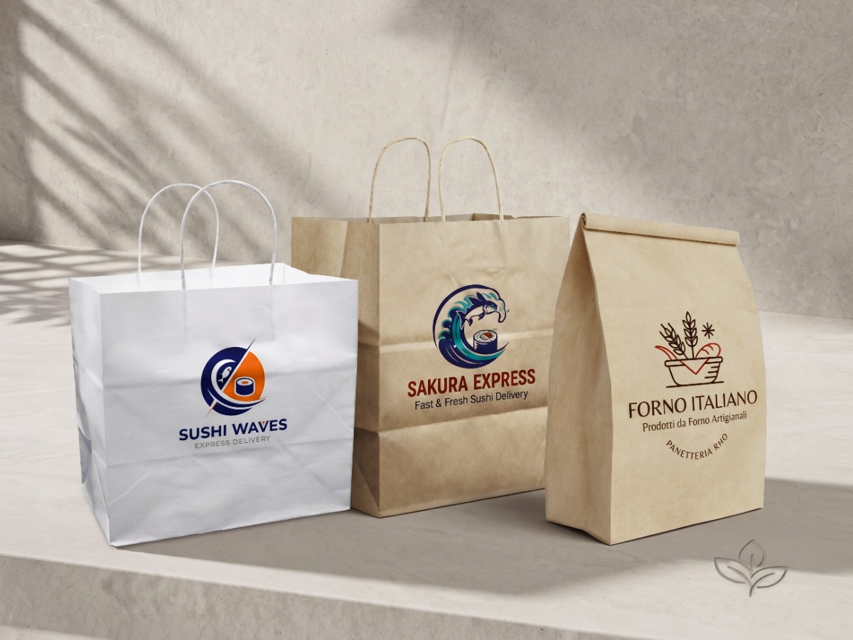 Shopper bianche e avana con logo e sacchetto di carta a fondo quadro