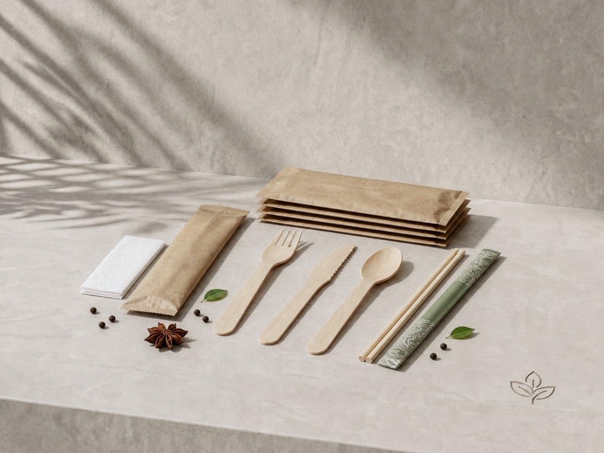 Forchetta, coltello e cucchiaio in legno, bacchette, buste in carta e tovagliolo