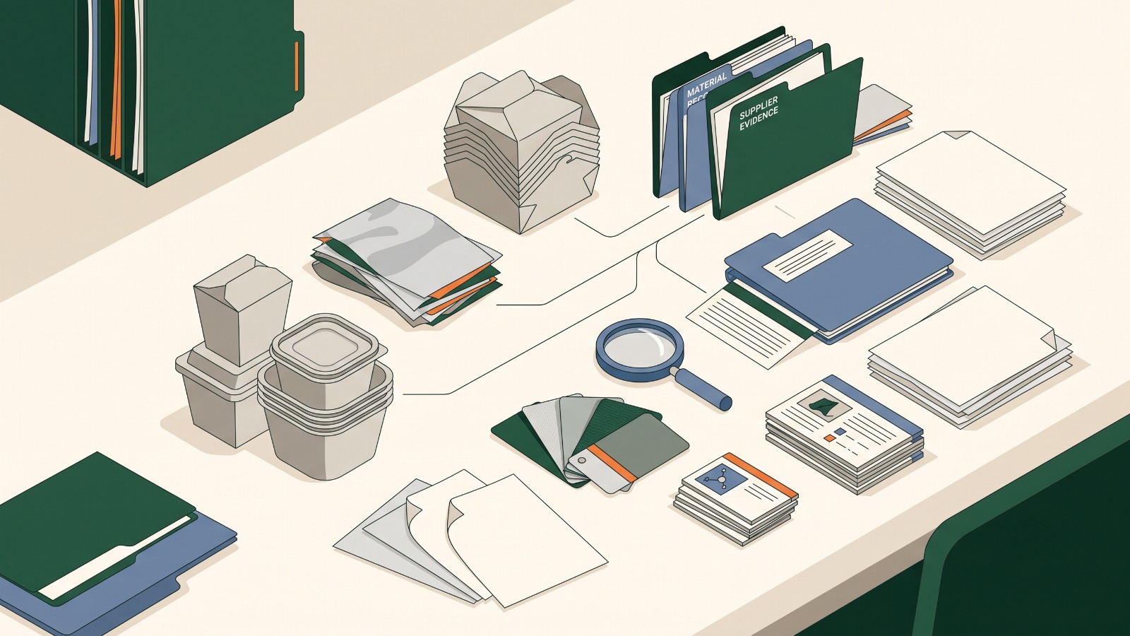 Packaging, material samples and supplier files prepared for a documentation review