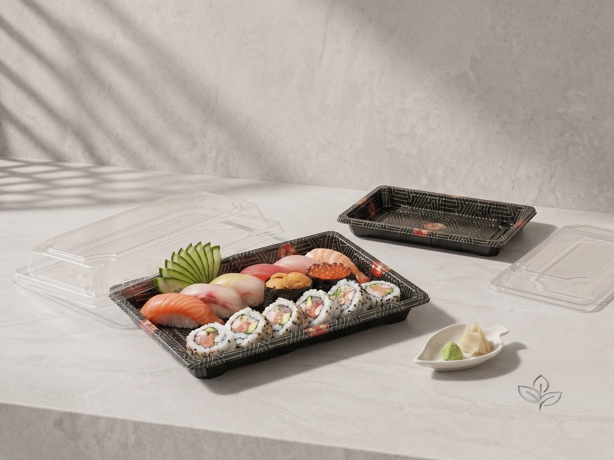 Schwarze PET-Sushitabletts mit Klarsichtdeckeln und einer Sushi-Auswahl