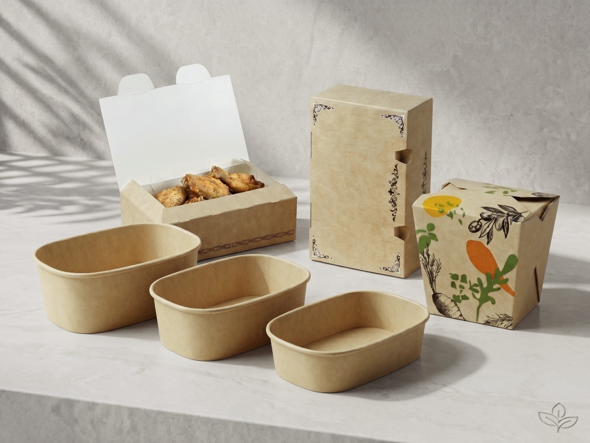 Vaschette in carta avana, box pieghevoli per snack e contenitore con coperchio